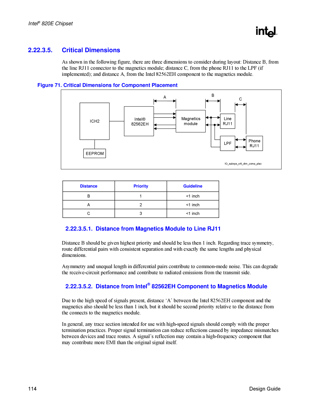 Intel 820E manual Critical Dimensions, Lpf, Eeprom, Distance Priority Guideline 