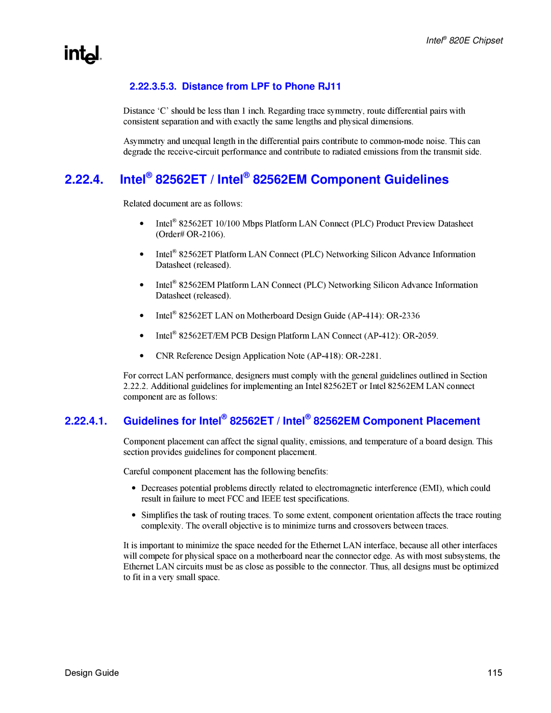 Intel 820E manual Intel 82562ET / Intel 82562EM Component Guidelines, Distance from LPF to Phone RJ11 