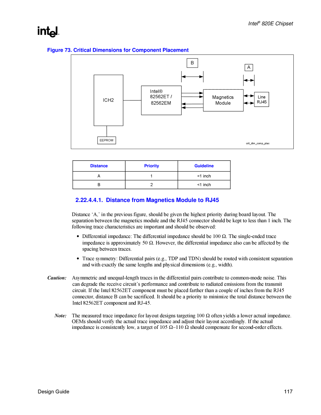 Intel 820E manual Distance from Magnetics Module to RJ45 