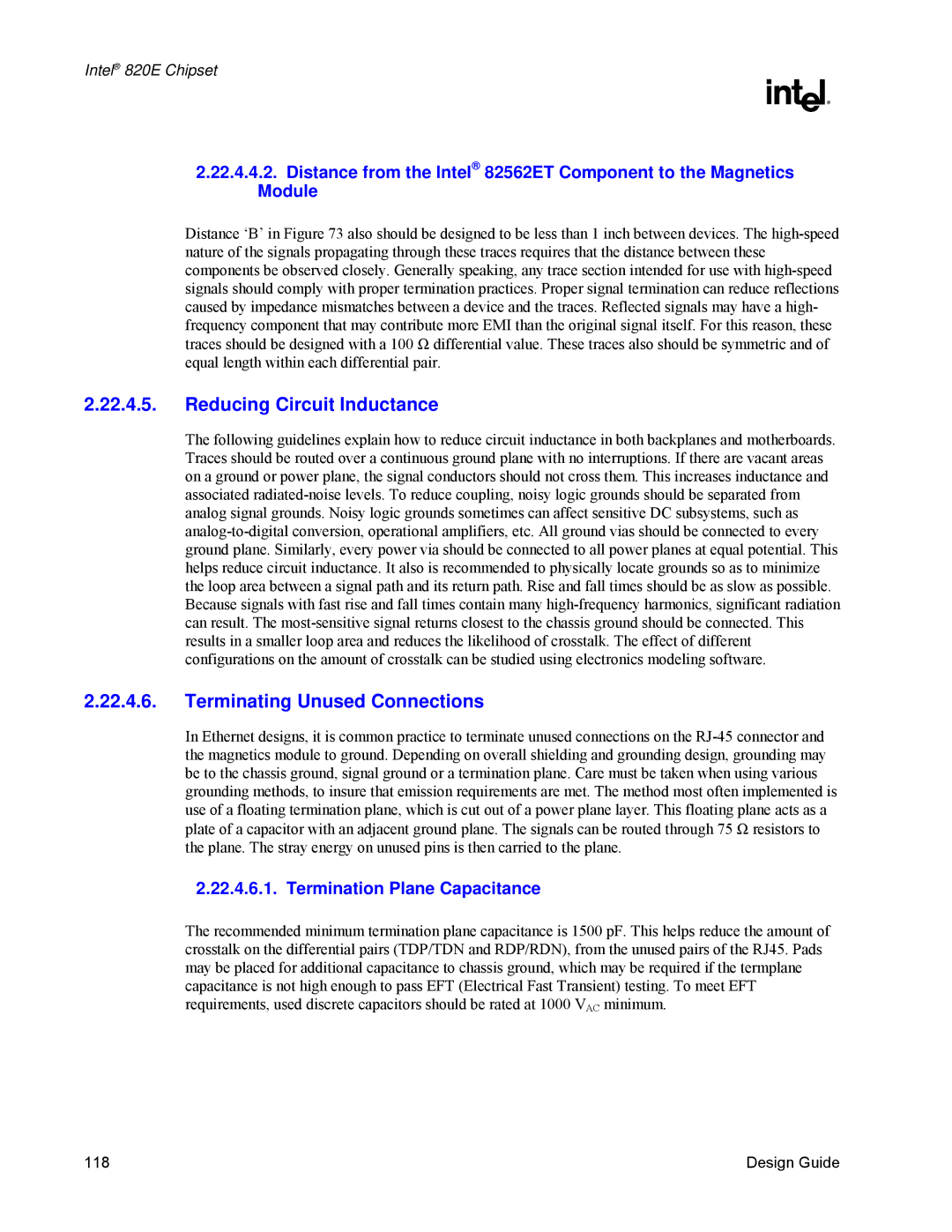 Intel 820E manual Reducing Circuit Inductance, Terminating Unused Connections 