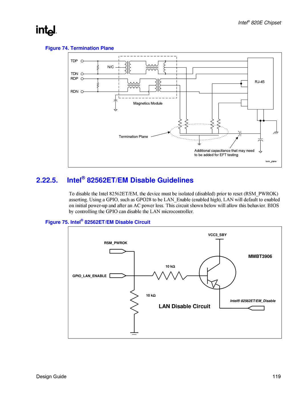 Intel 820E manual Intel 82562ET/EM Disable Guidelines, LAN Disable Circuit 