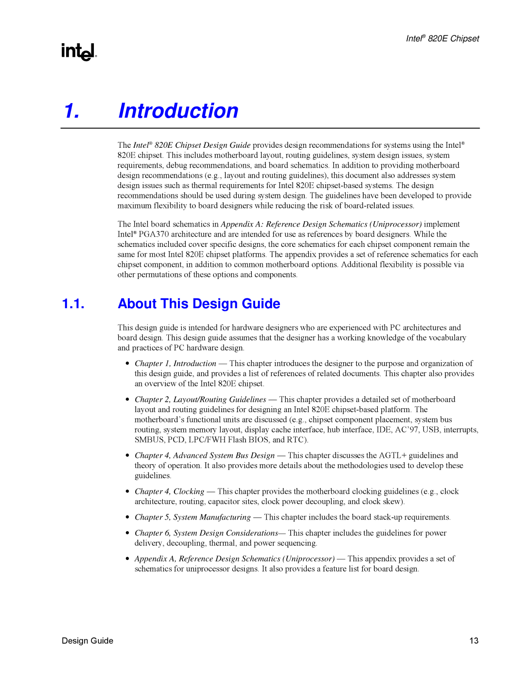 Intel 820E manual Introduction, About This Design Guide 