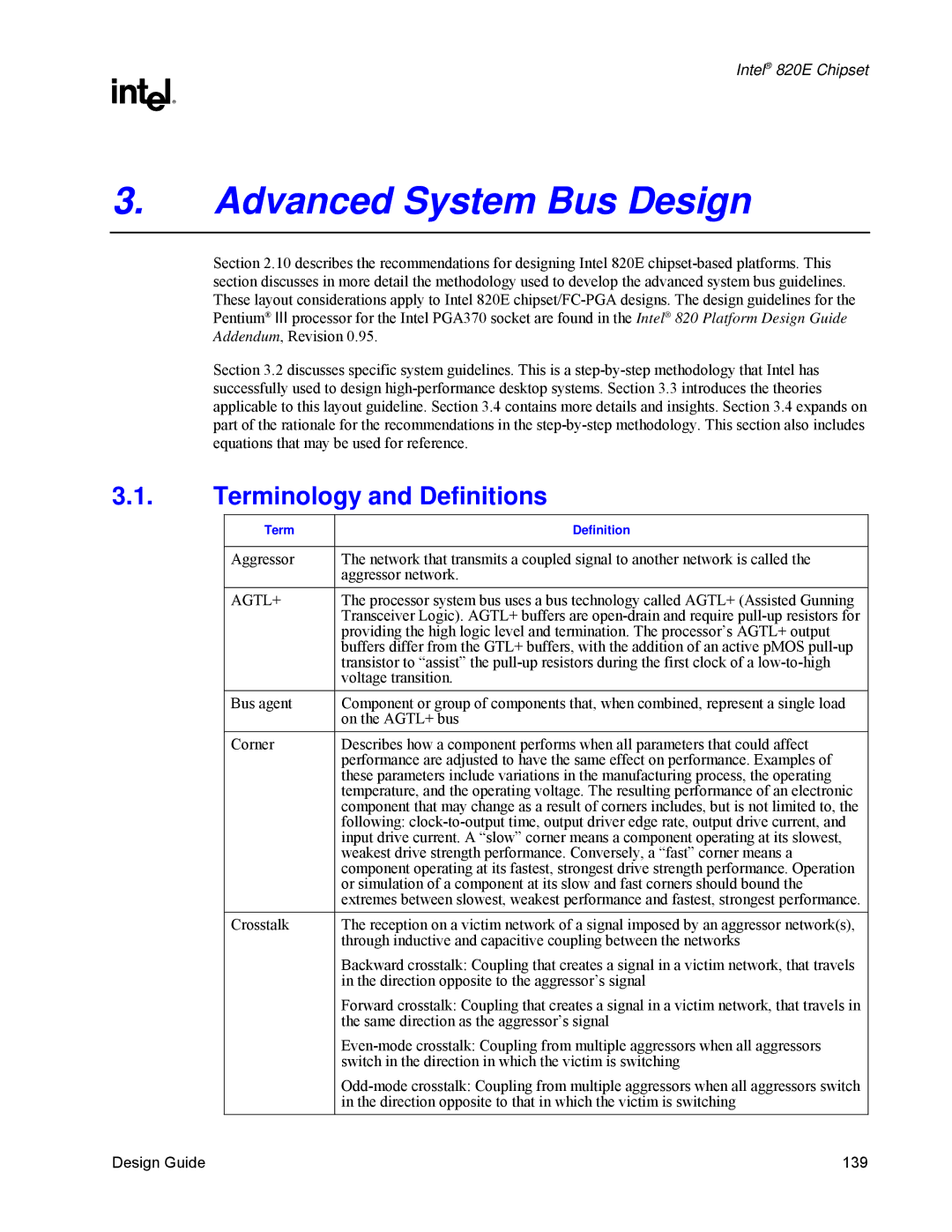 Intel 820E manual Terminology and Definitions, Term Definition 