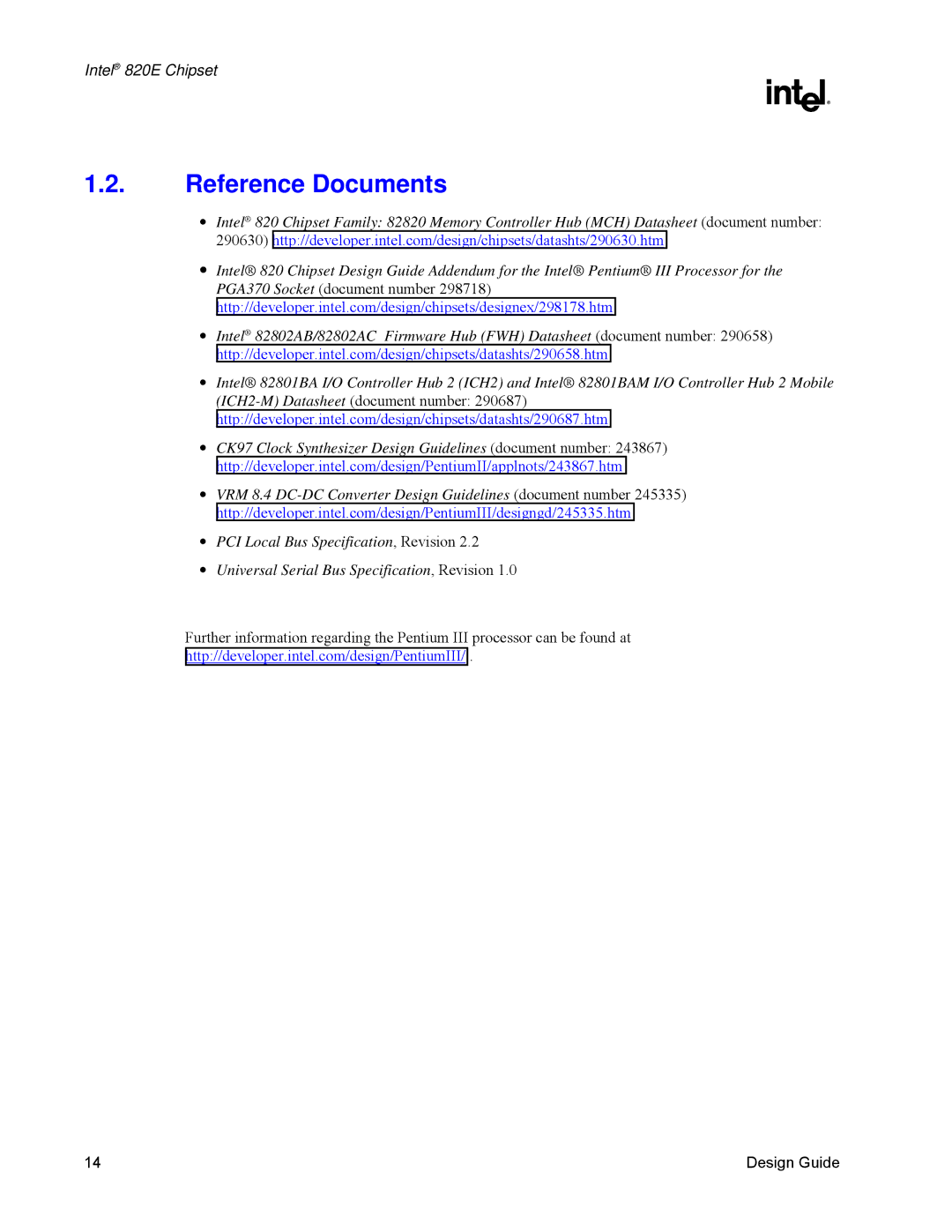 Intel 820E manual Reference Documents 