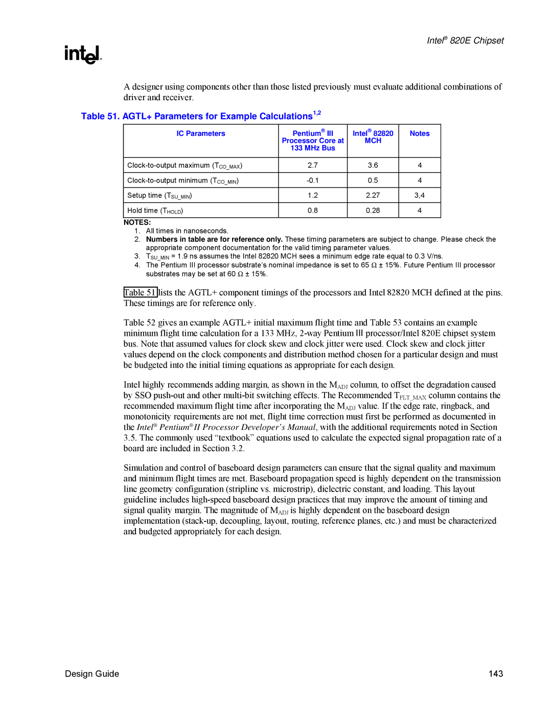 Intel 820E manual AGTL+ Parameters for Example Calculations1,2, IC Parameters Pentium Intel 