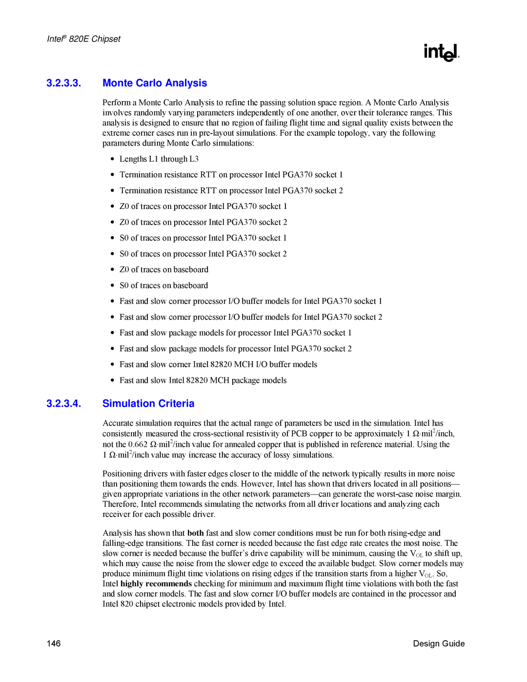 Intel 820E manual Monte Carlo Analysis, Simulation Criteria 