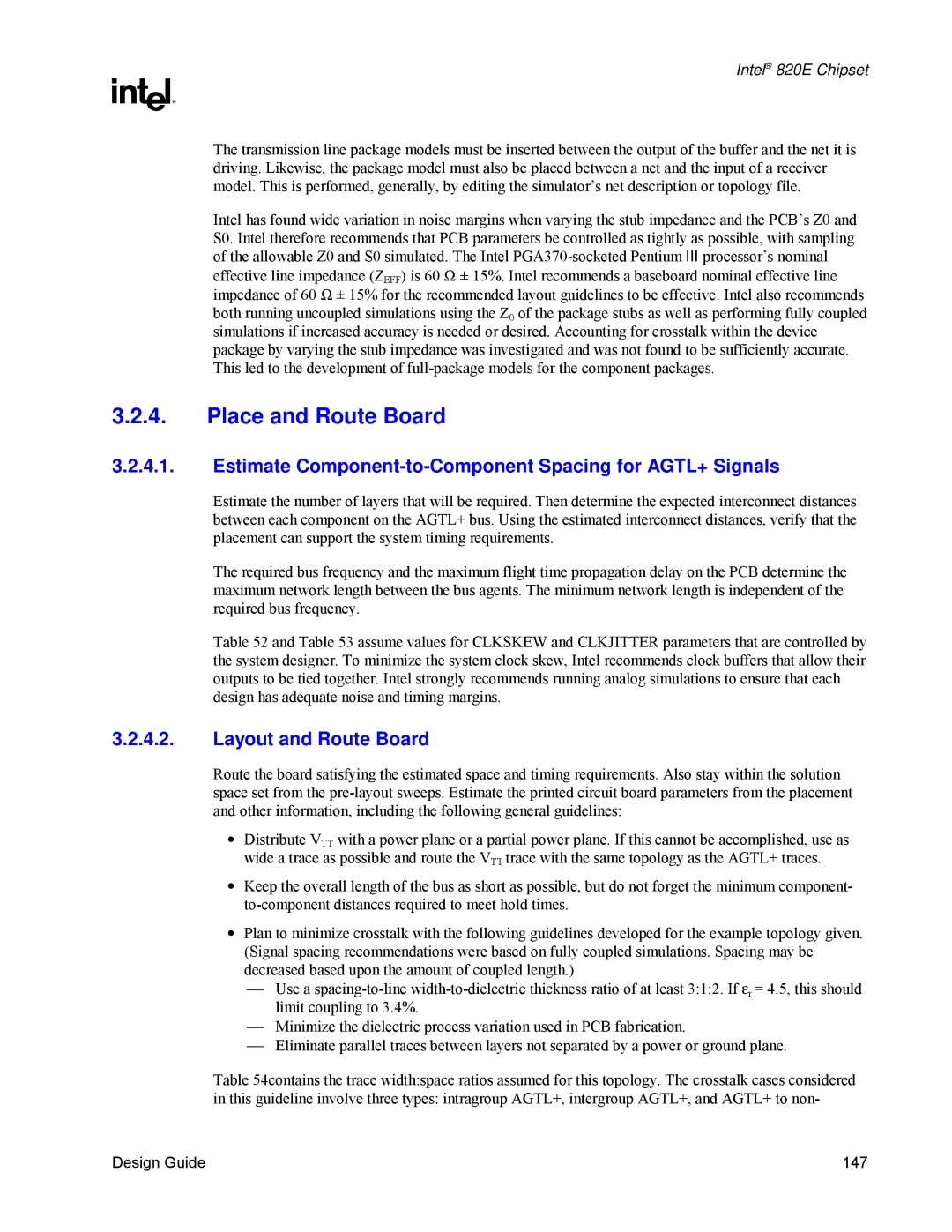 Intel 820E manual Place and Route Board, Estimate Component-to-Component Spacing for AGTL+ Signals, Layout and Route Board 