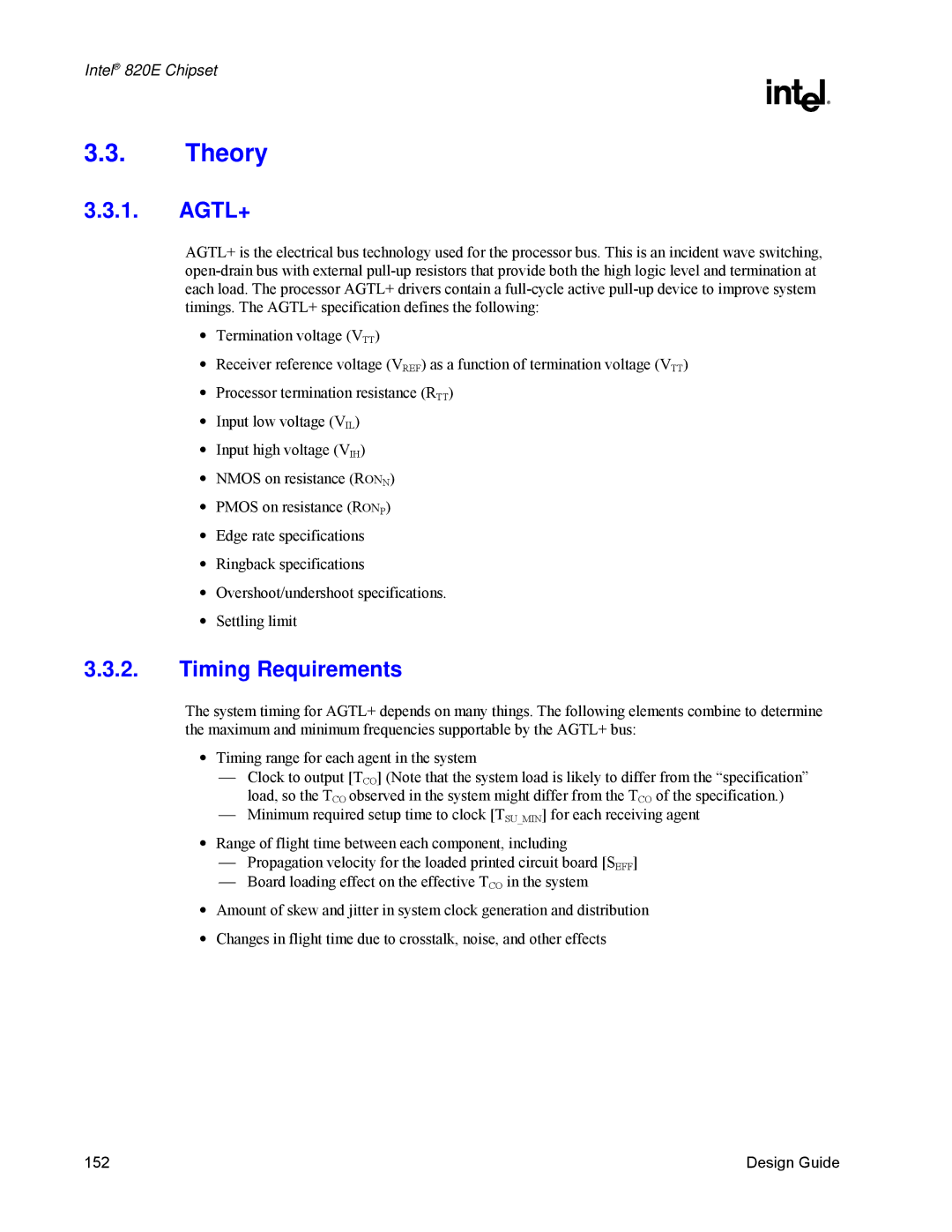 Intel 820E manual Theory, Agtl+, Timing Requirements 