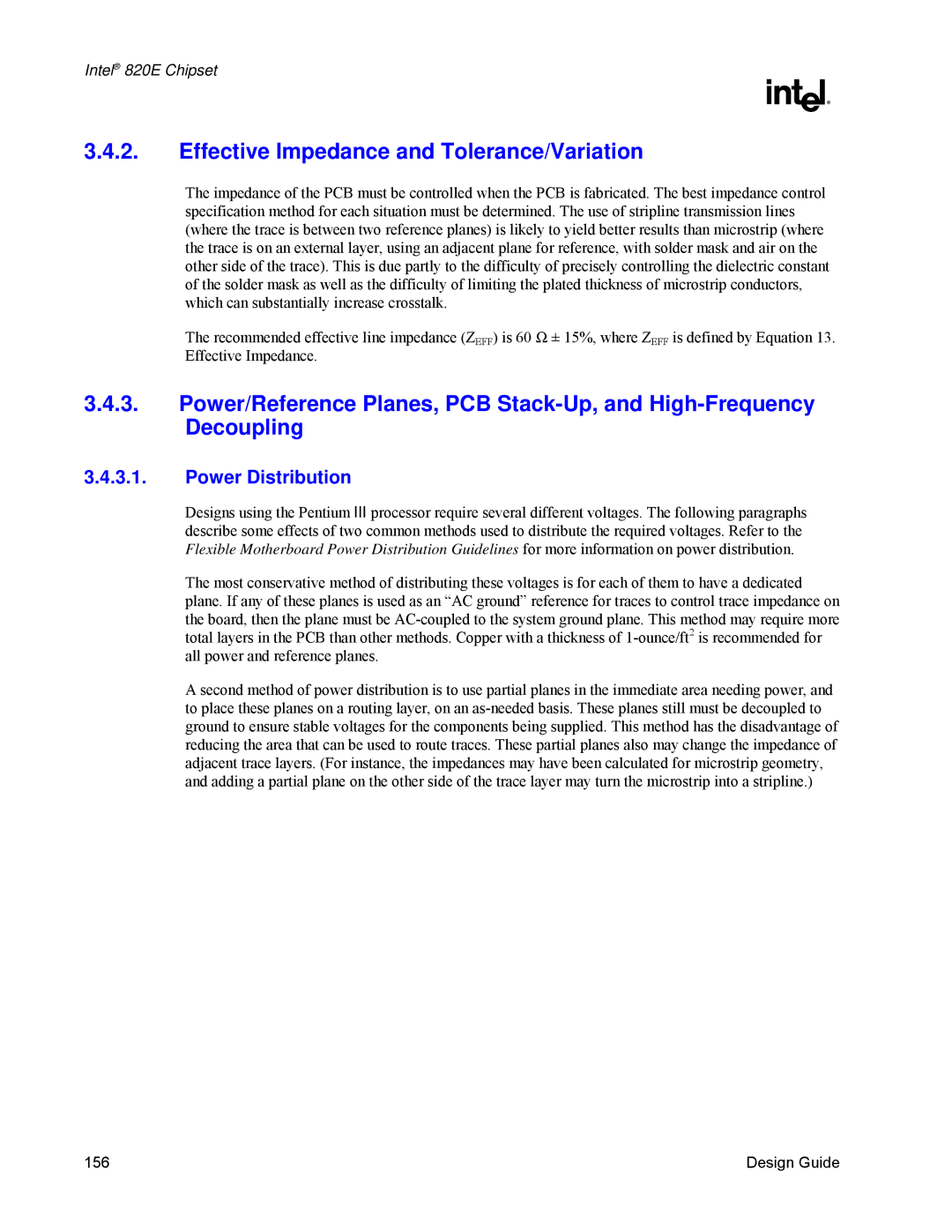 Intel 820E manual Effective Impedance and Tolerance/Variation, Power Distribution 