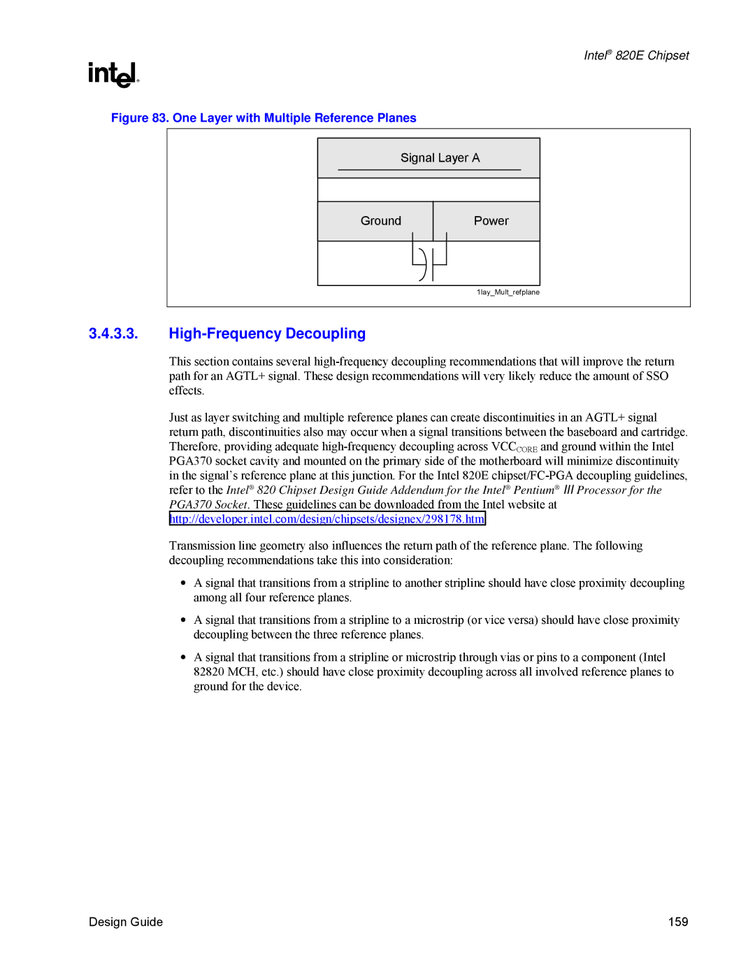 Intel 820E manual High-Frequency Decoupling, One Layer with Multiple Reference Planes 