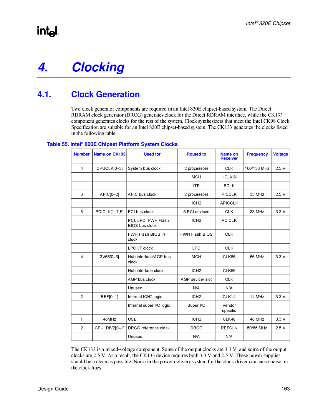 Intel manual Clock Generation, Intel 820E Chipset Platform System Clocks 