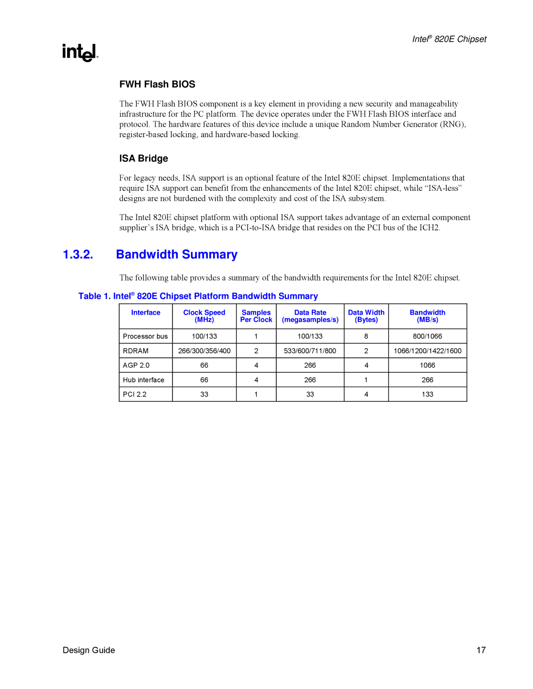 Intel manual FWH Flash Bios, ISA Bridge, Intel 820E Chipset Platform Bandwidth Summary, Rdram 