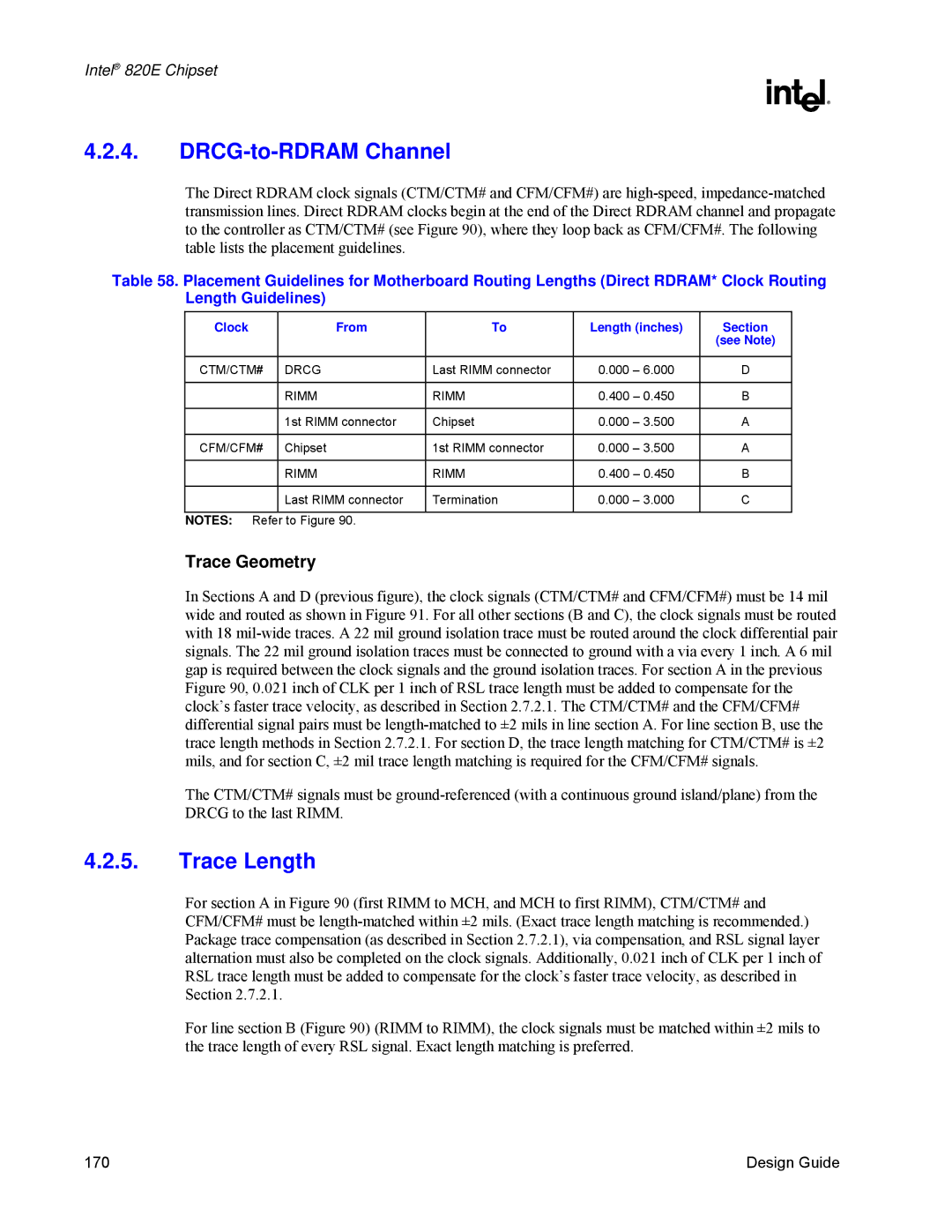 Intel 820E manual DRCG-to-RDRAM Channel, Trace Length, Trace Geometry, Clock From Length inches Section 