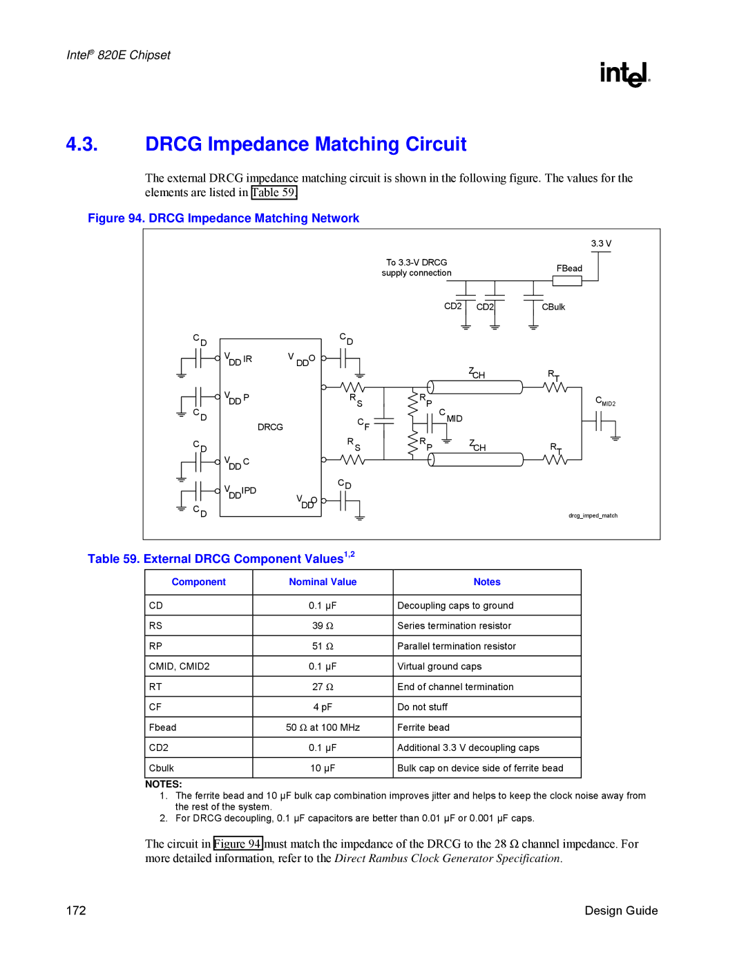 Intel 820E Drcg Impedance Matching Circuit, External Drcg Component Values1,2, Component Nominal Value, CMID, CMID2, CD2 