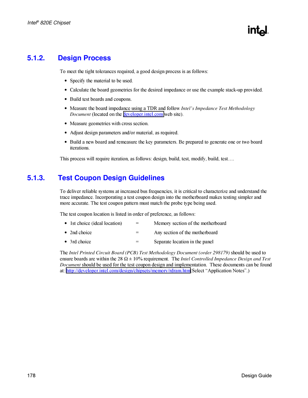 Intel 820E manual Design Process, Test Coupon Design Guidelines 