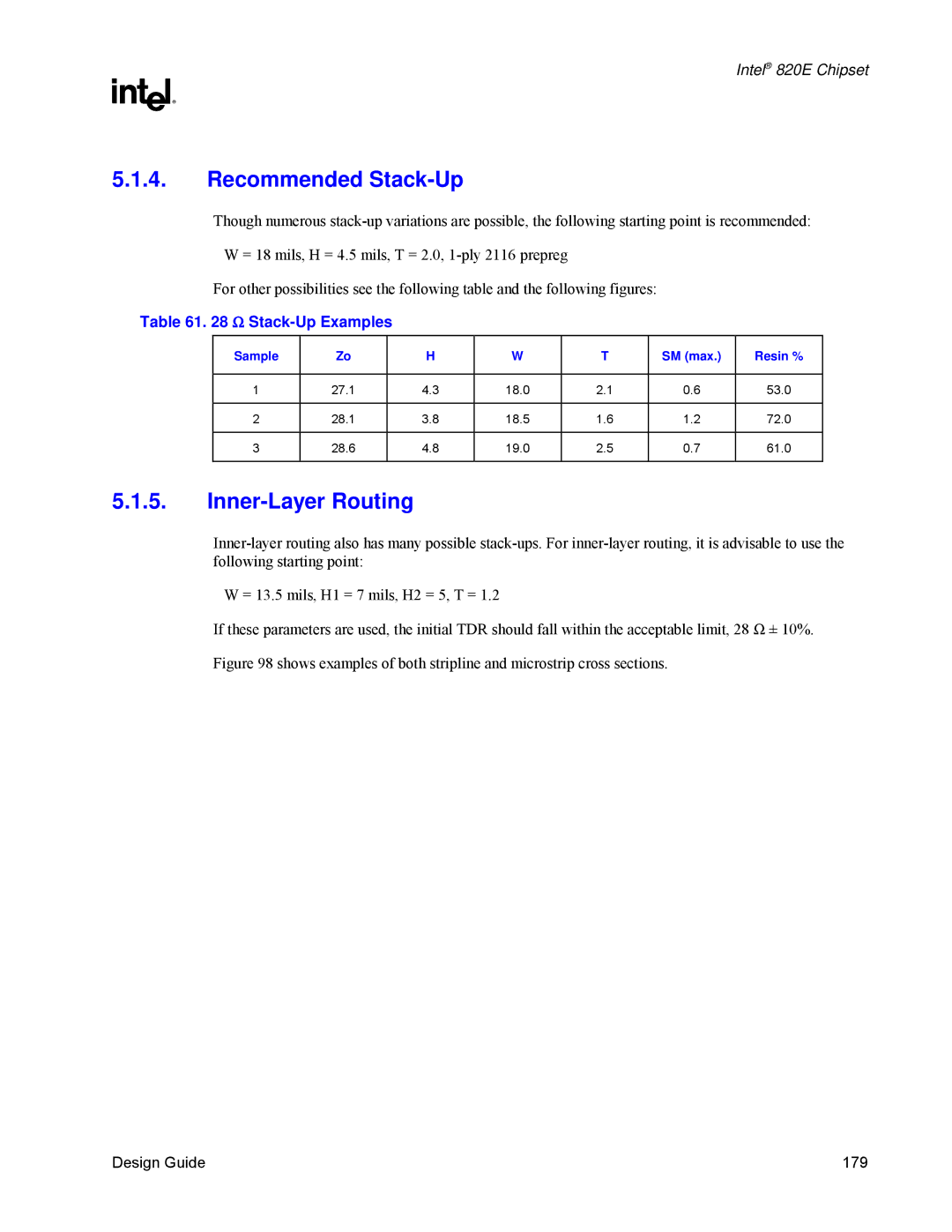 Intel 820E manual Recommended Stack-Up, Inner-Layer Routing, Stack-Up Examples, Sample SM max Resin % 