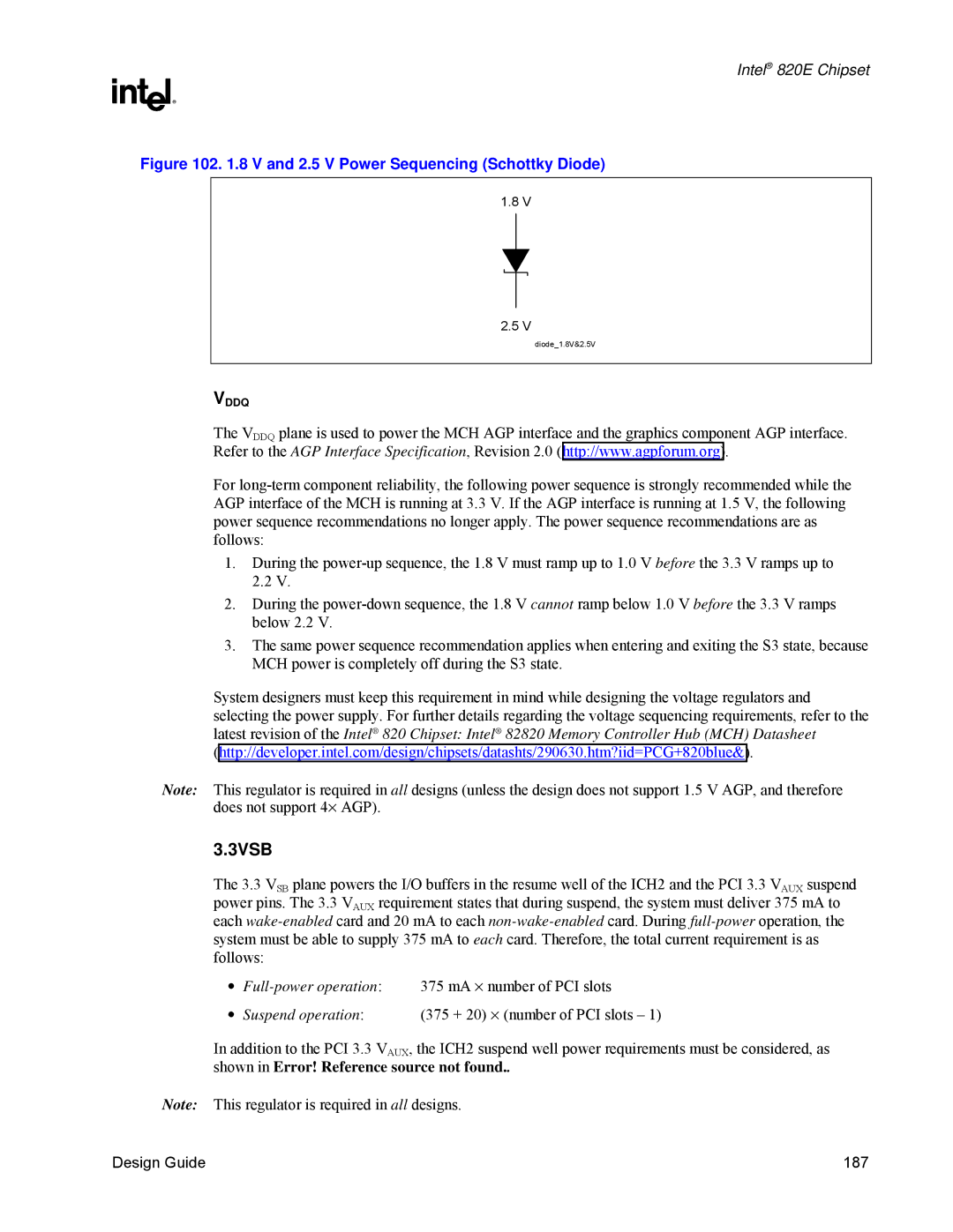 Intel 820E manual 3VSB, V and 2.5 V Power Sequencing Schottky Diode 