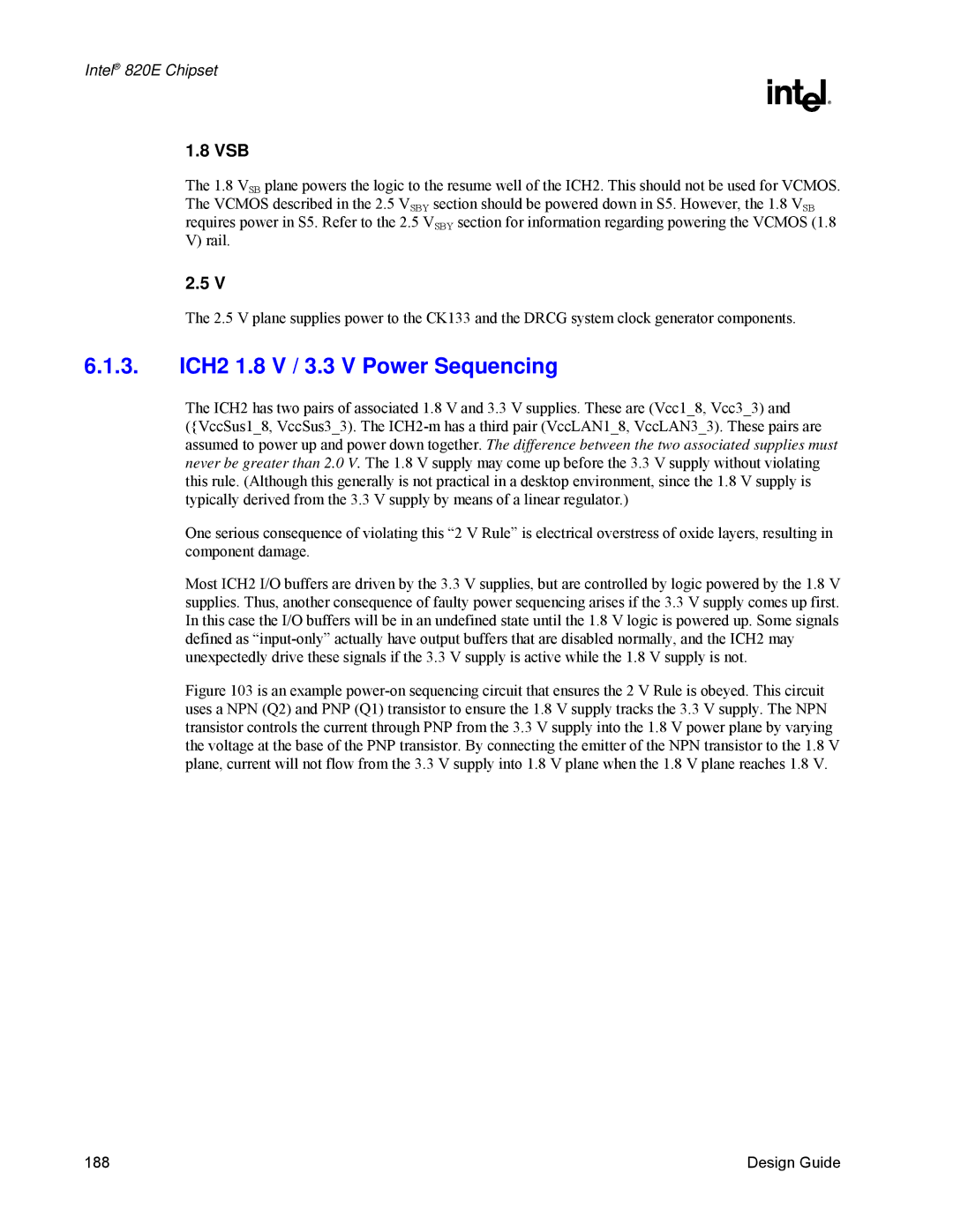 Intel 820E manual ICH2 1.8 V / 3.3 V Power Sequencing, Vsb 