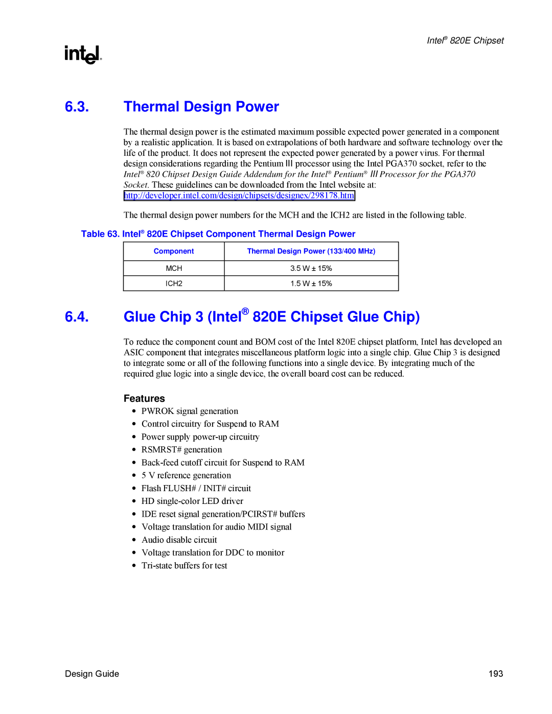 Intel manual Thermal Design Power, Glue Chip 3 Intel 820E Chipset Glue Chip, Features 