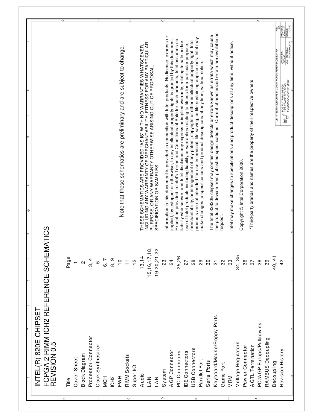 Intel 820E manual Drawn by PCG Platform Design Project PCG AE, Prairie City Road, FOLSOM, California Last Revised Sheet 