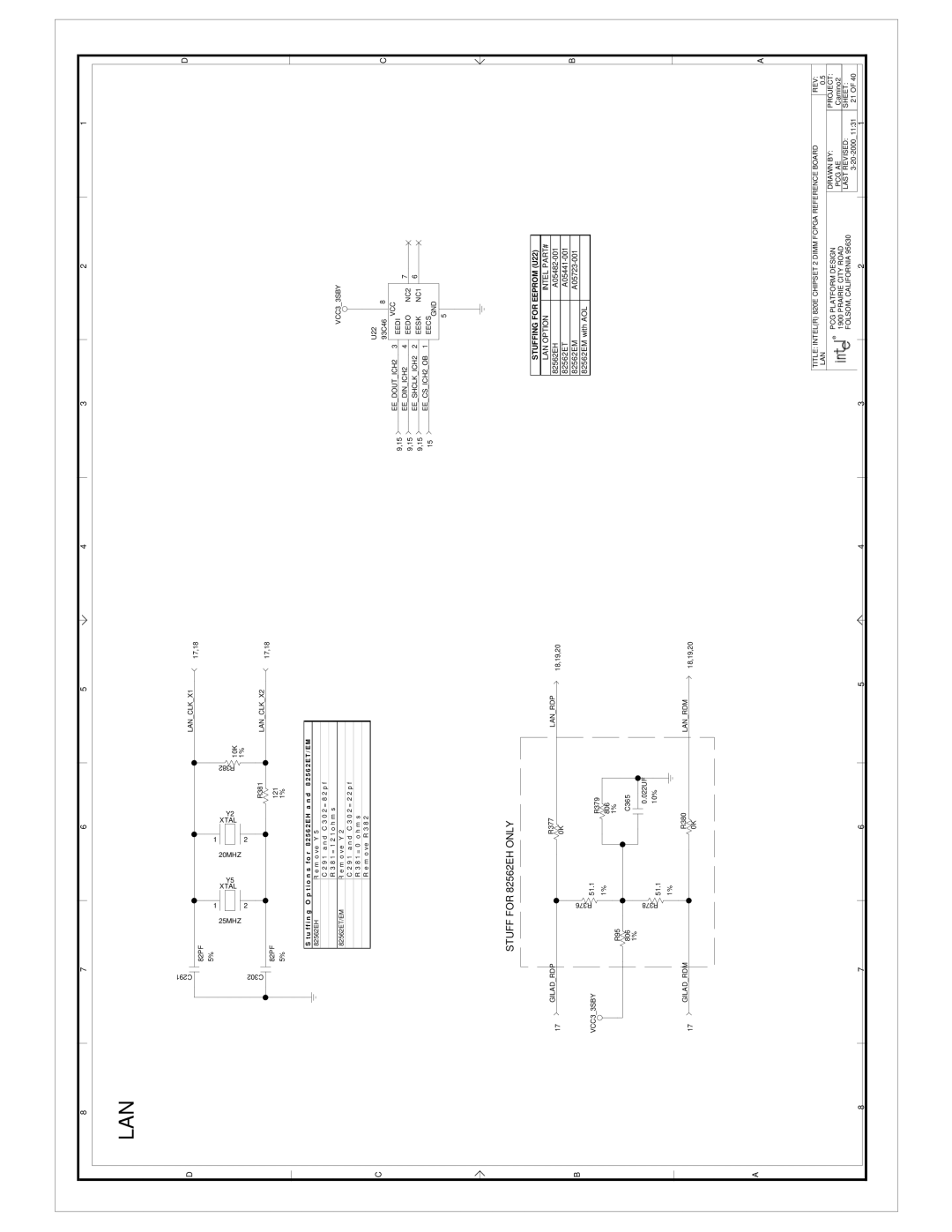 Intel 820E manual 25MHZ, Y5 Xtal Y2 Xtal LANCLKX1, R381LANCLKX2, LAN Option Intel PART# 