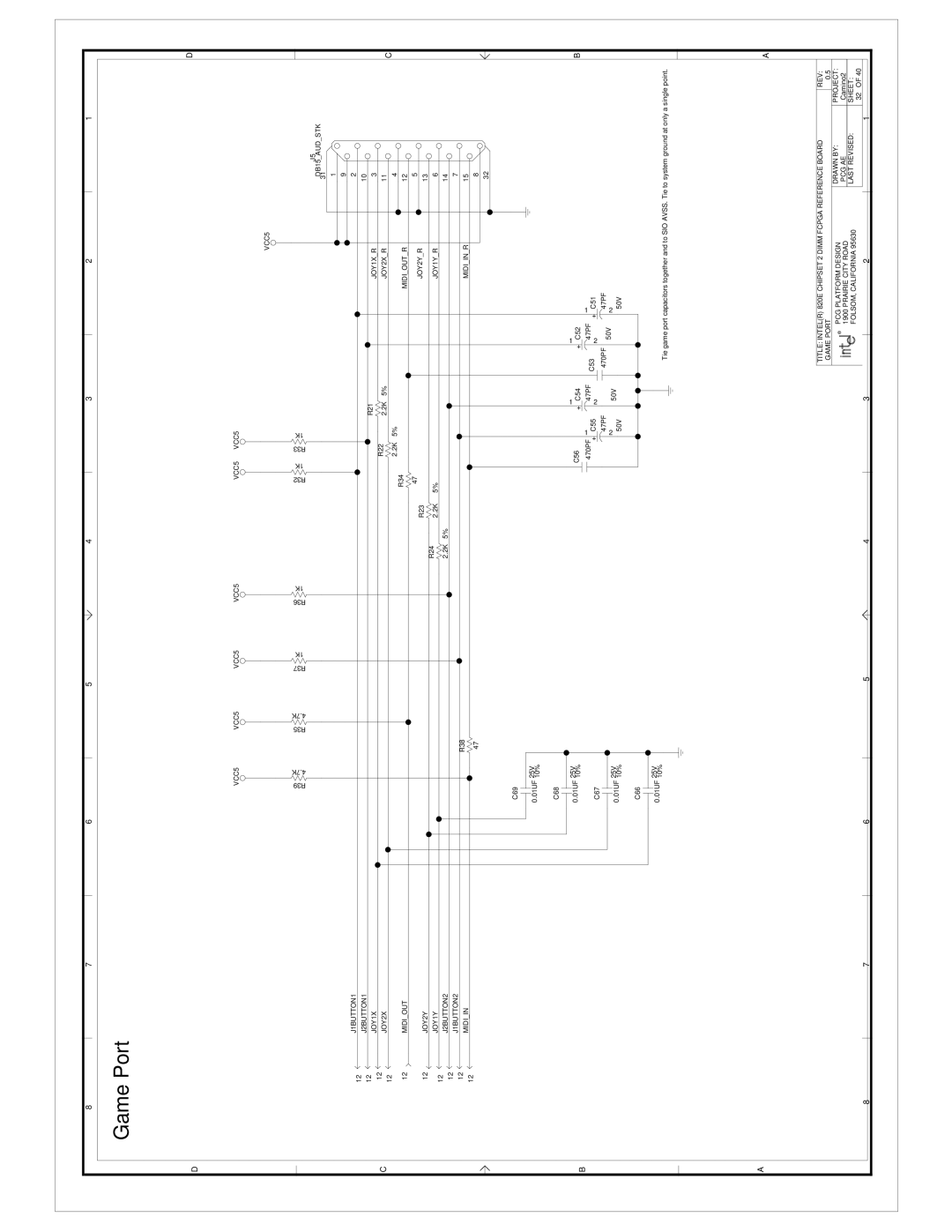 Intel 820E manual Game Port, VCC5 JOY1XR JOY2XR Midioutr JOY2YR JOY1YR Midiinr 