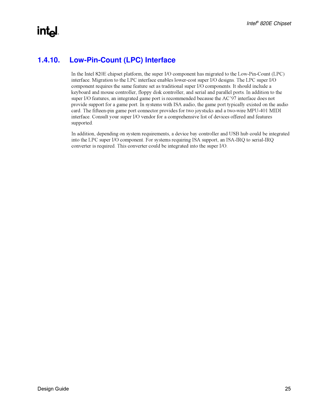 Intel 820E manual Low-Pin-Count LPC Interface 