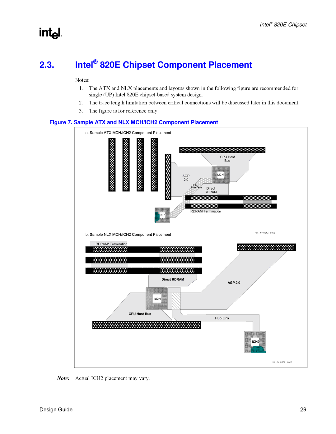 Intel manual Intel 820E Chipset Component Placement, Sample ATX and NLX MCH/ICH2 Component Placement 