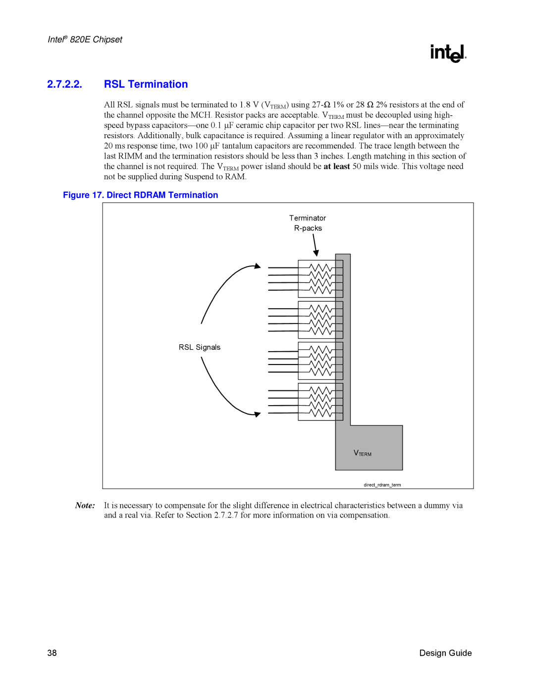 Intel 820E manual RSL Termination, Direct Rdram Termination 