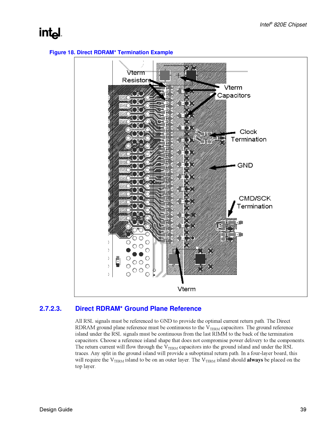 Intel 820E manual Direct RDRAM* Ground Plane Reference, Direct RDRAM* Termination Example 