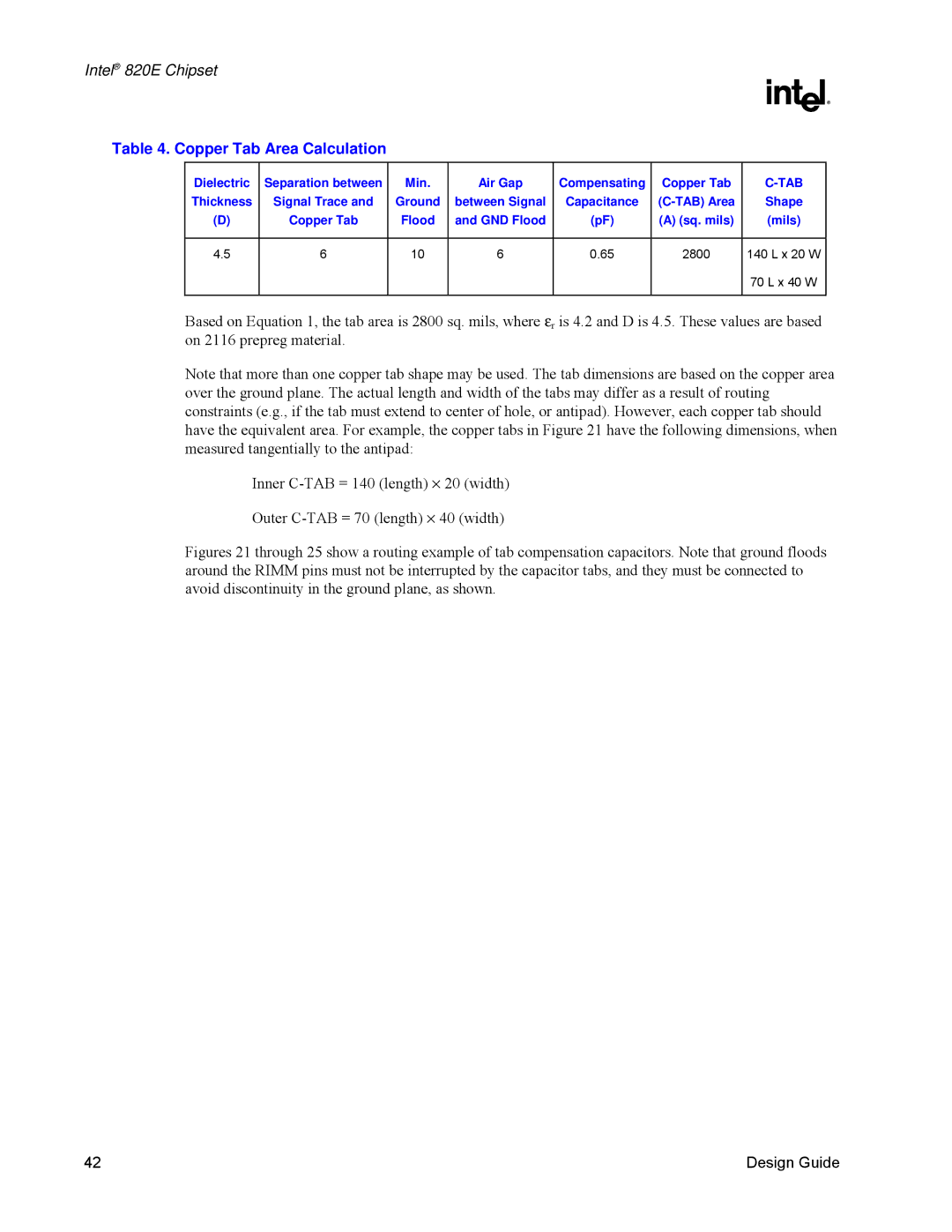 Intel 820E manual Copper Tab Area Calculation 