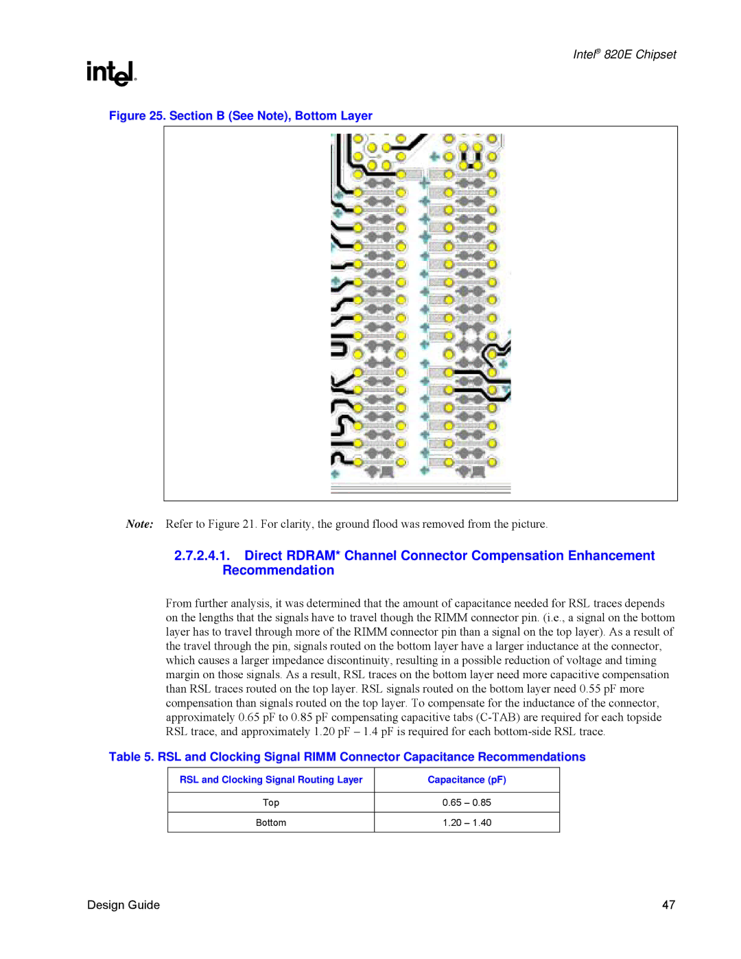 Intel 820E manual Section B See Note, Bottom Layer, RSL and Clocking Signal Routing Layer Capacitance pF 