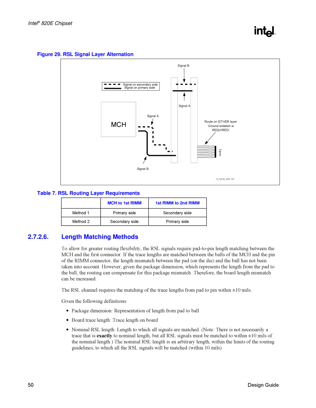 Intel 820E manual Length Matching Methods, RSL Routing Layer Requirements 