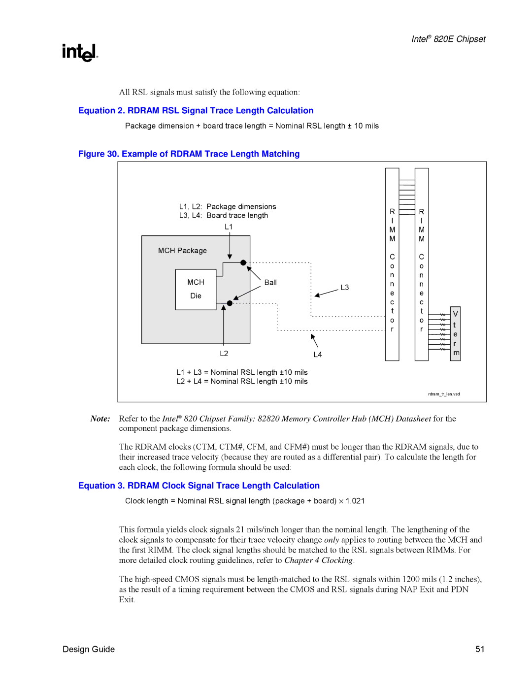 Intel 820E Equation 2. Rdram RSL Signal Trace Length Calculation, Equation 3. Rdram Clock Signal Trace Length Calculation 