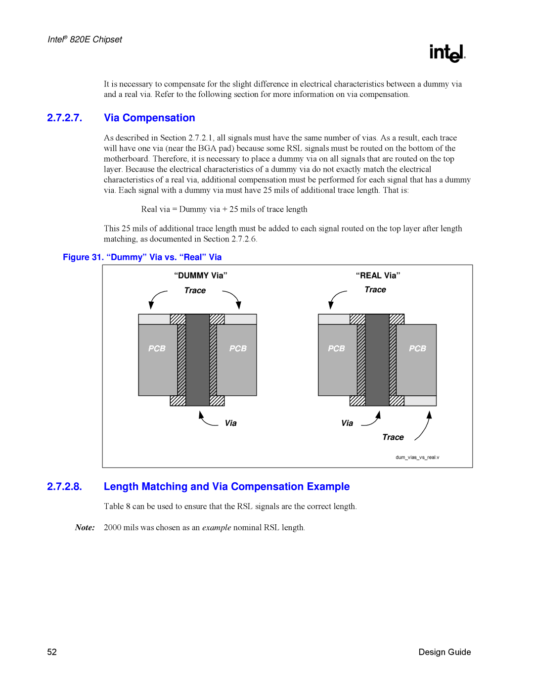 Intel 820E manual Length Matching and Via Compensation Example 