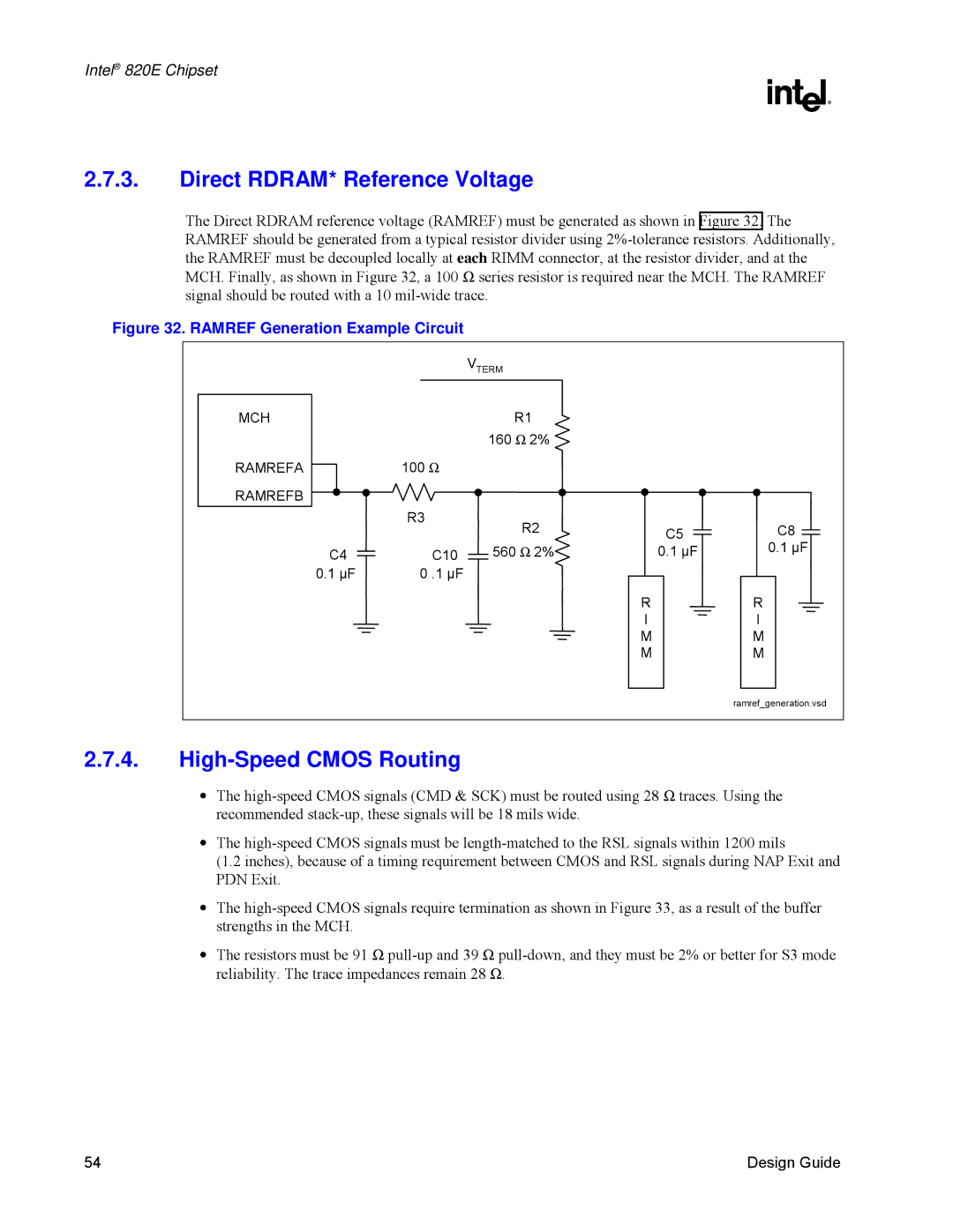 Intel 820E manual Direct RDRAM* Reference Voltage, High-Speed Cmos Routing 