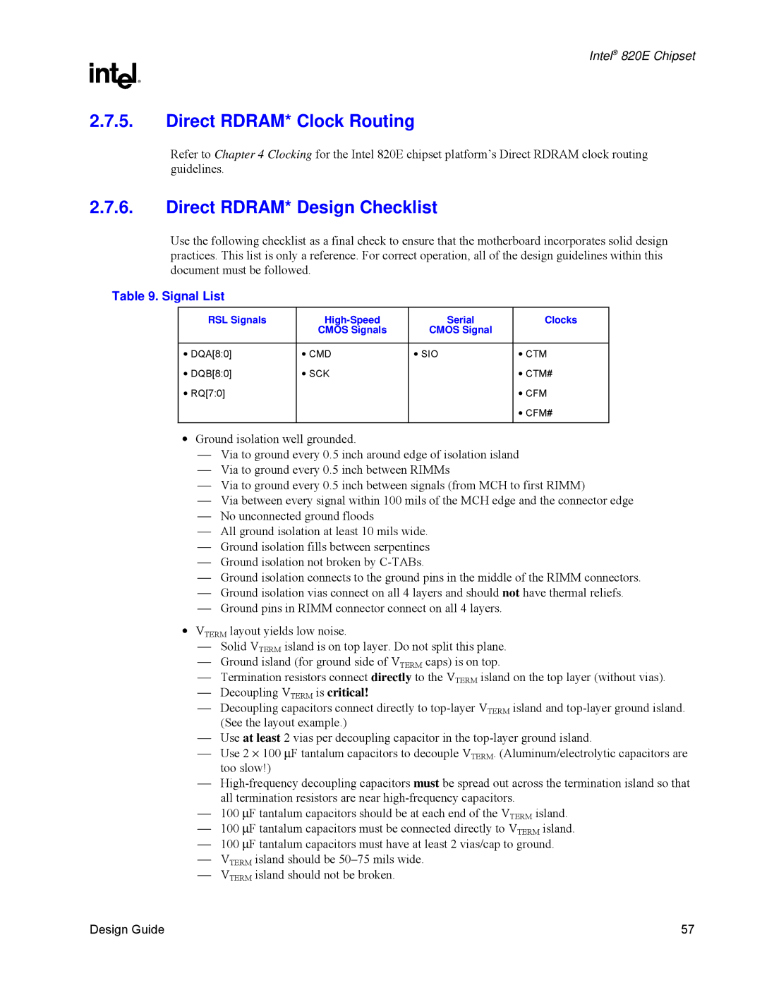 Intel 820E Direct RDRAM* Clock Routing, Direct RDRAM* Design Checklist, Signal List, RSL Signals High-Speed Serial Clocks 