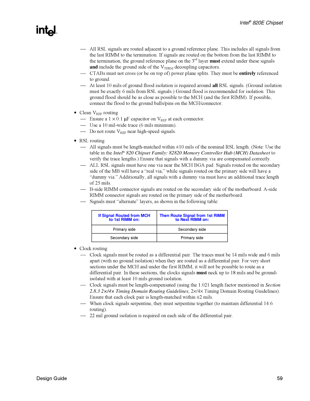 Intel 820E manual If Signal Routed from MCH, Primary side 