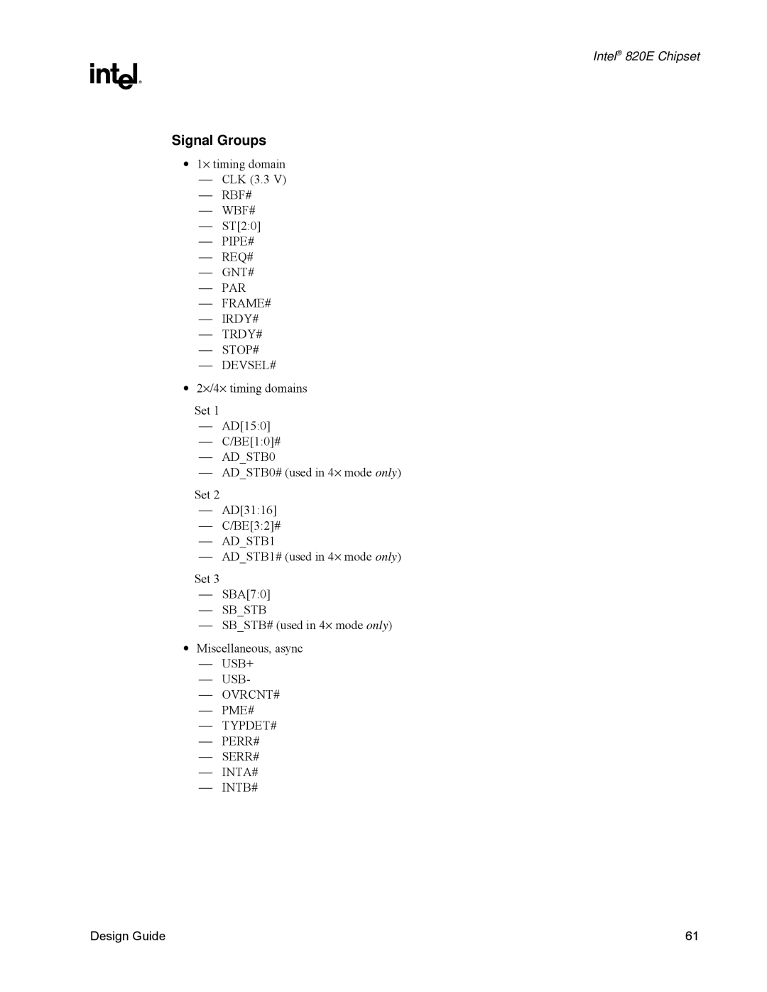 Intel 820E manual Signal Groups 