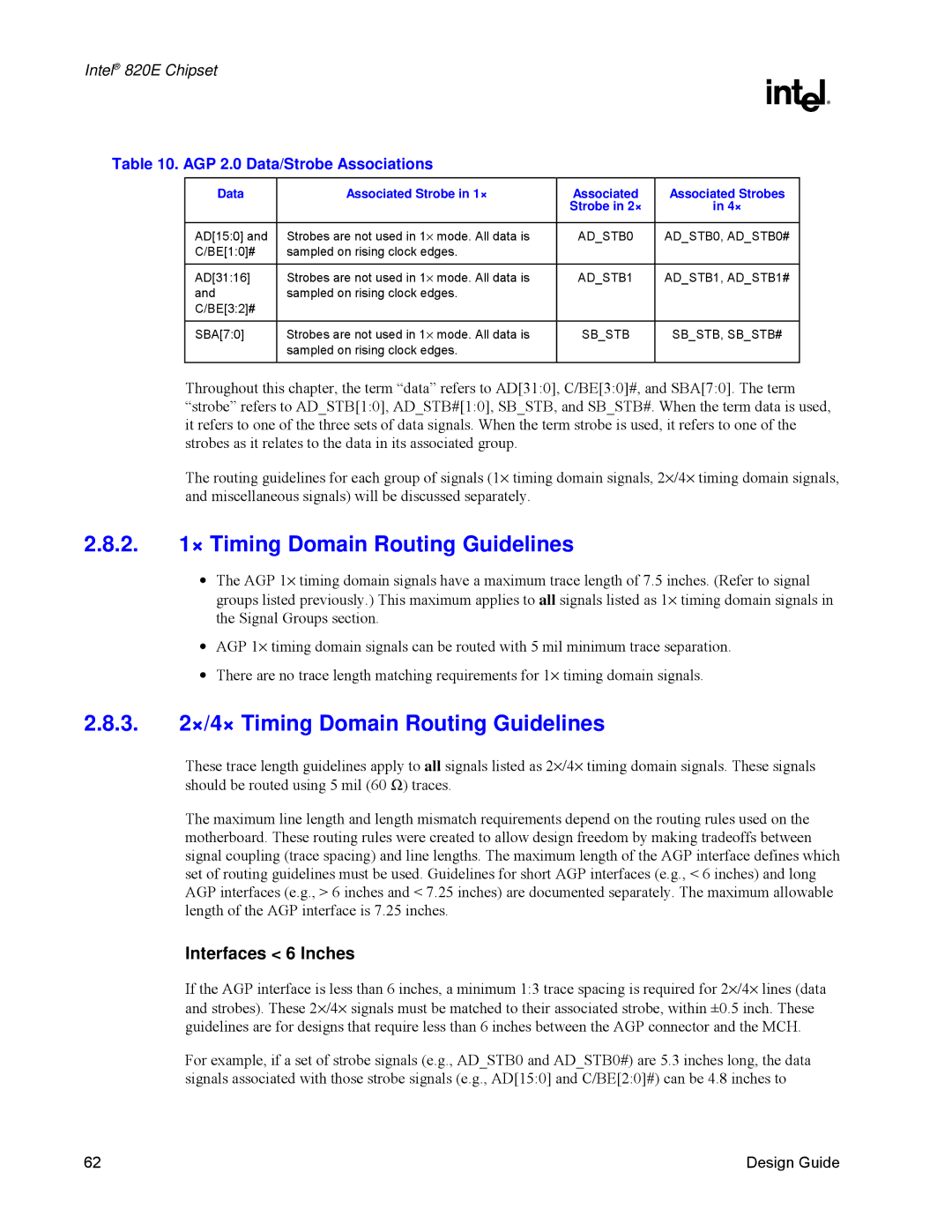 Intel 820E manual 2 × Timing Domain Routing Guidelines, 3 ×/4× Timing Domain Routing Guidelines, Interfaces 6 Inches 