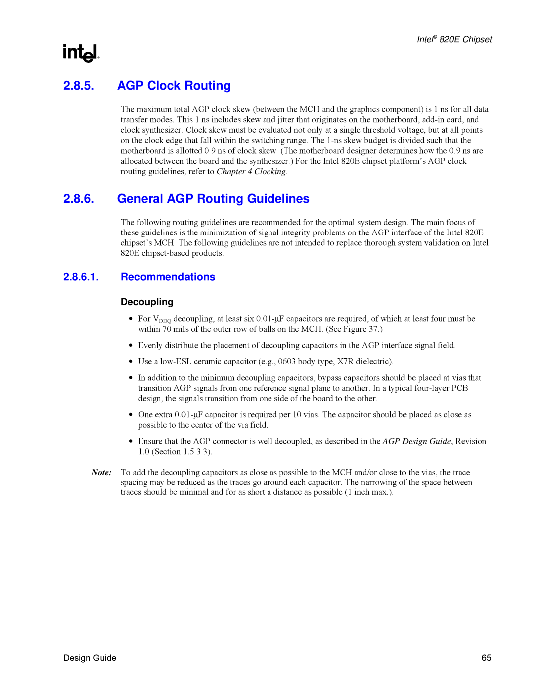 Intel 820E manual AGP Clock Routing, General AGP Routing Guidelines, Recommendations, Decoupling 