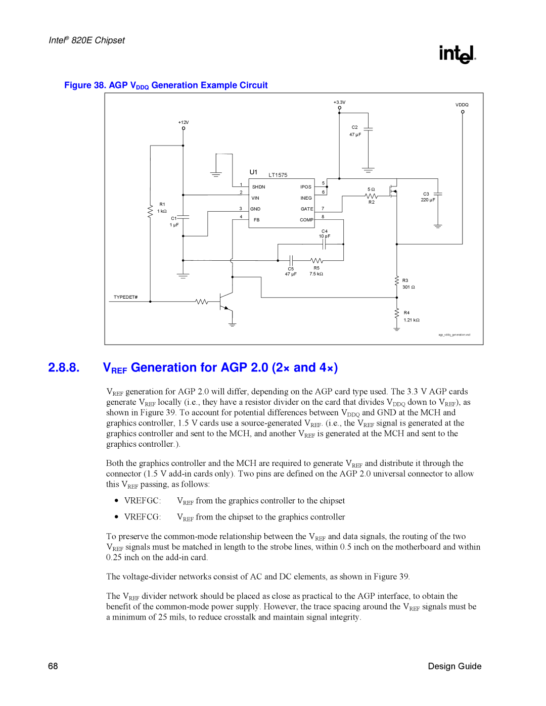 Intel 820E manual Vref Generation for AGP 2.0 2× and 4×, AGP Vddq Generation Example Circuit 