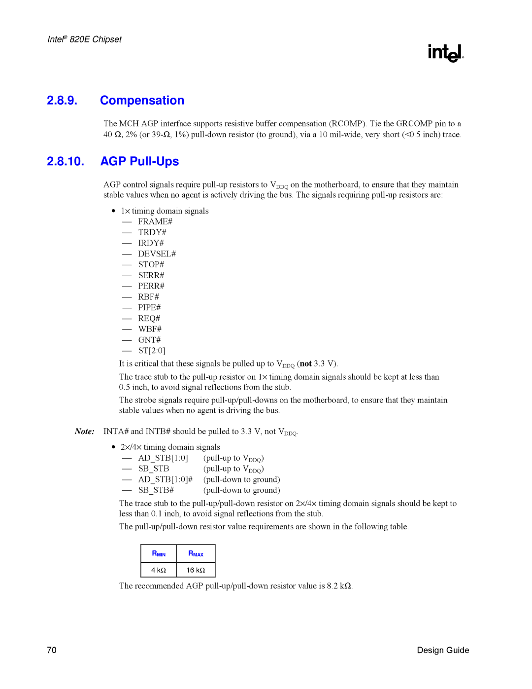 Intel 820E manual Compensation, AGP Pull-Ups, 16 k Ω 