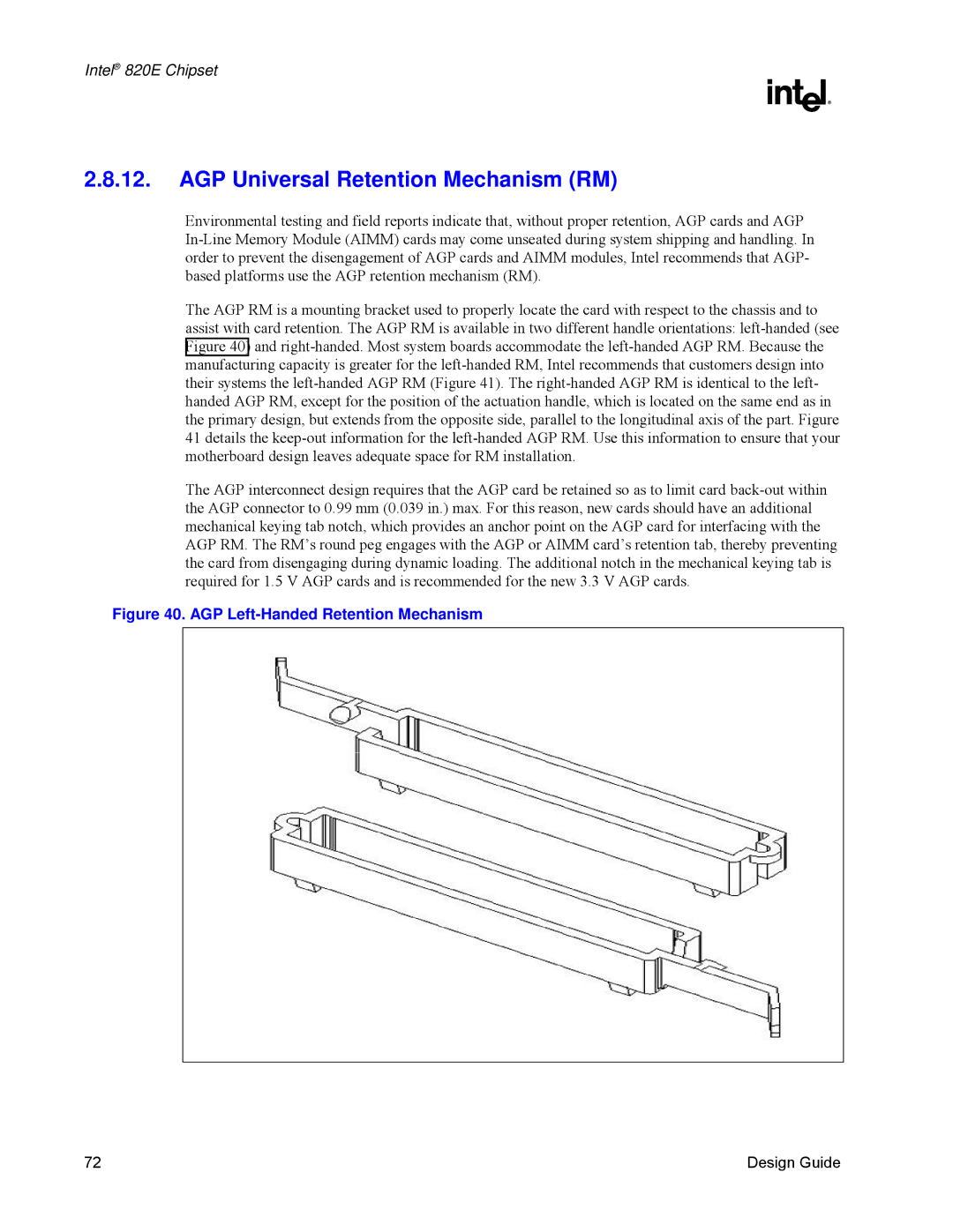 Intel 820E manual AGP Universal Retention Mechanism RM, AGP Left-Handed Retention Mechanism 