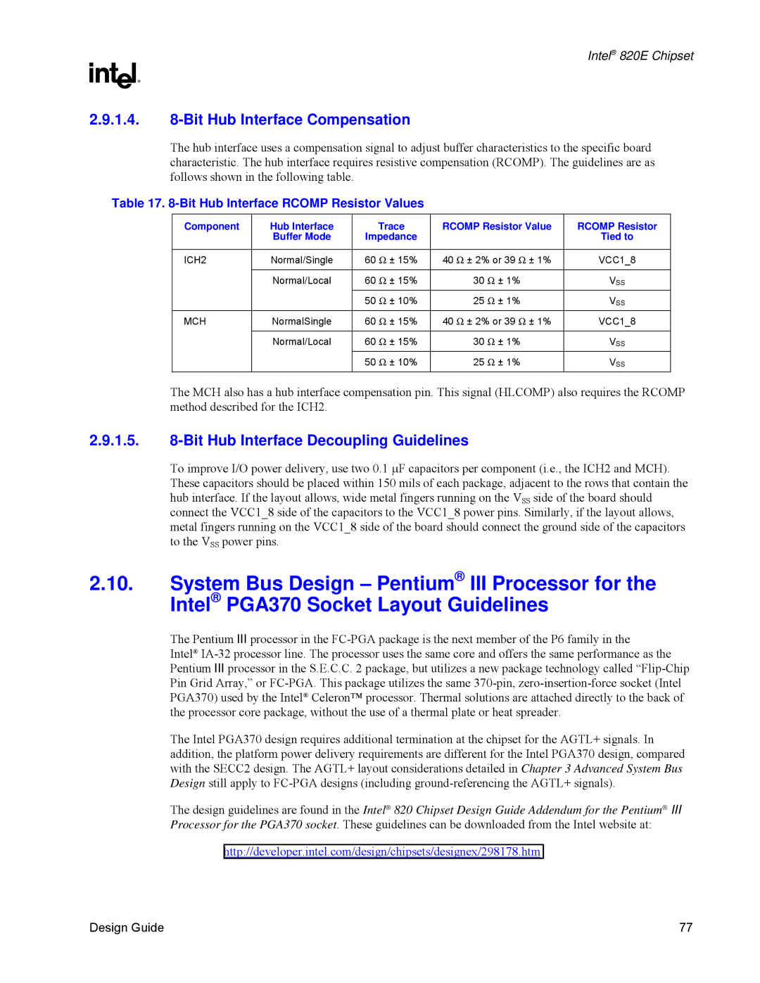 Intel 820E manual Bit Hub Interface Compensation, Bit Hub Interface Decoupling Guidelines, Impedance 