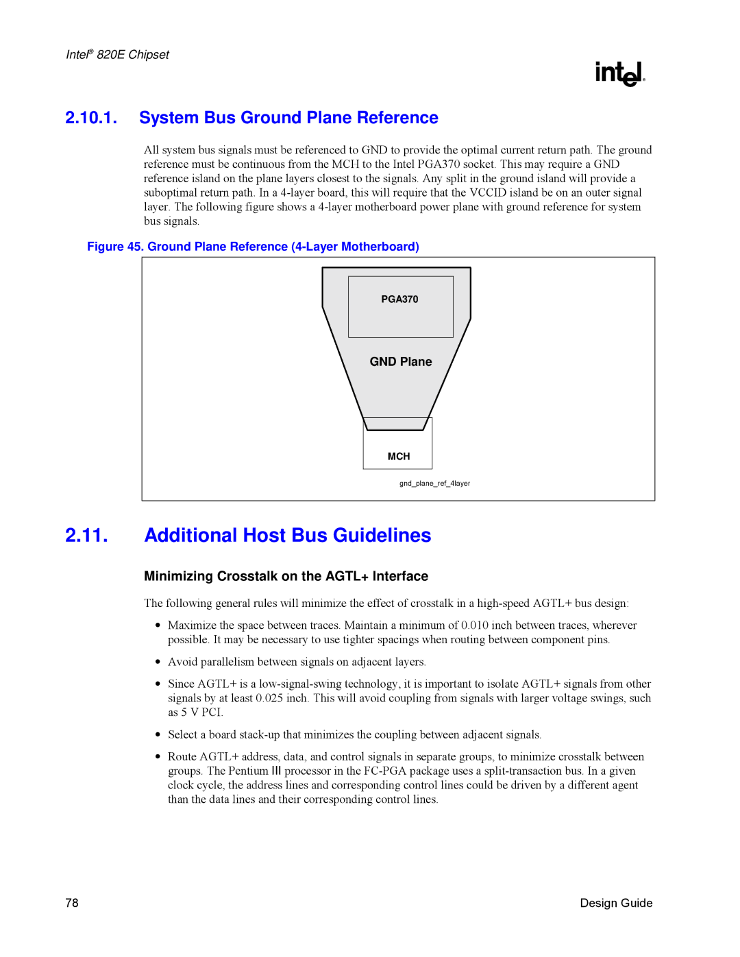 Intel 820E Additional Host Bus Guidelines, System Bus Ground Plane Reference, Minimizing Crosstalk on the AGTL+ Interface 