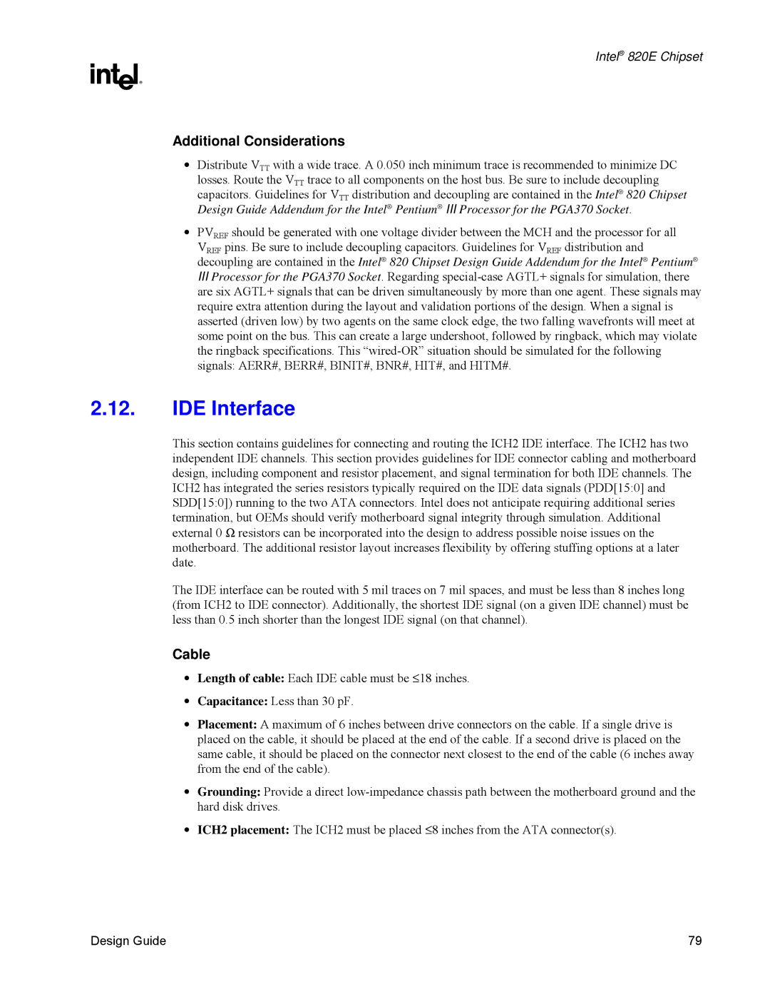 Intel 820E manual IDE Interface, Additional Considerations, Cable 