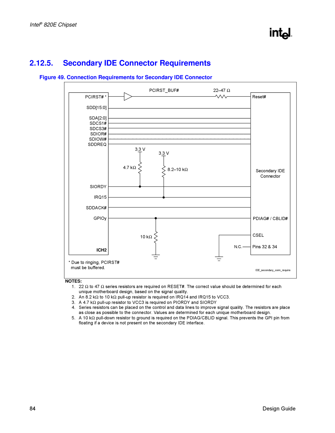 Intel 820E manual Secondary IDE Connector Requirements, SDCS1# SDCS3# SDIOR# SDIOW# Sddreq, Siordy IRQ15 SDDACK# 