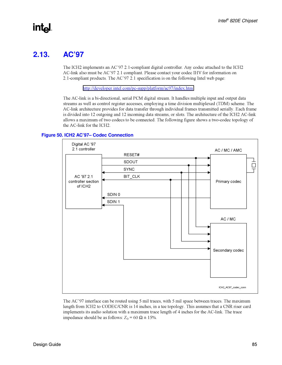 Intel 820E manual 13. AC’97, ICH2 AC’97- Codec Connection 