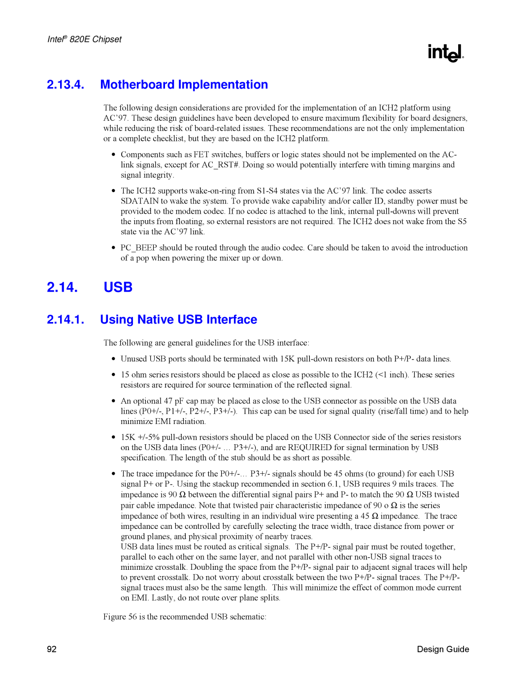 Intel 820E manual Usb, Motherboard Implementation, Using Native USB Interface 